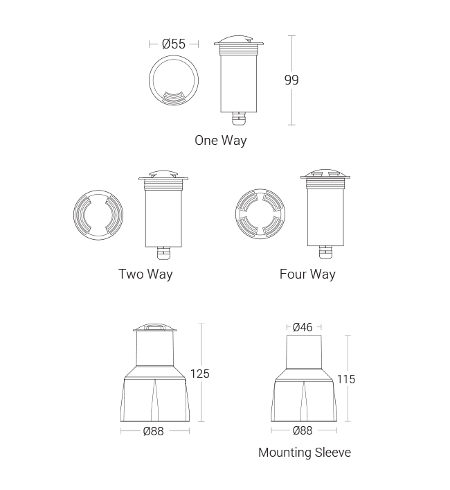 In-Ground Luminaire - 1/2/4 Way - dimensional drawing